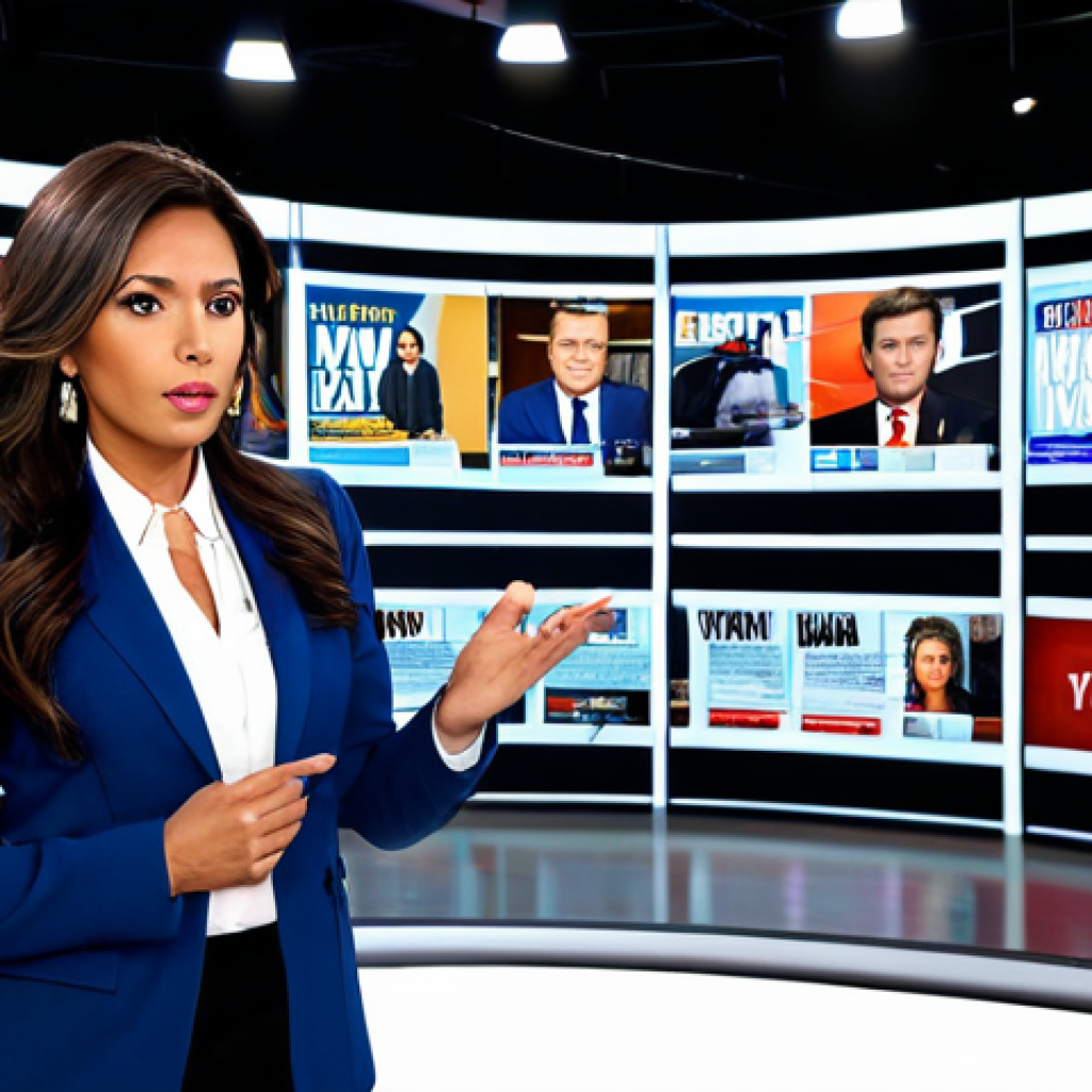 **

"A well-dressed Latina journalist in a modern news studio, wearing professional attire, fully clothed, appropriate content, safe for work. She is reporting on celebrity gossip, gesturing with a serious expression. Background: screens showing magazine covers and social media feeds. Perfect anatomy, natural pose, professional lighting, high resolution."

**