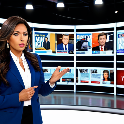 Home 11 **
"A well-dressed Latina journalist in a modern news studio, wearing professional attire, fully clothed, appropriate content, safe for work. She is reporting on celebrity gossip, gesturing with a serious expression. Background: screens showing magazine covers and social media feeds. Perfect anatomy, natural pose, professional lighting, high resolution."
**