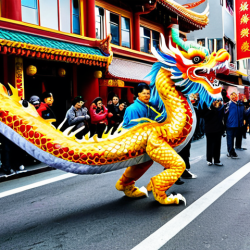 Home 6 Dragon Dance Spectacle**
"A vibrant and colorful Chinese Dragon Dance procession winding through the streets of San Francisco's Chinatown during Chinese New Year. The dragon, adorned with golden scales, is held aloft by numerous performers in traditional, fully clothed attire. Spectators line the streets, joyfully watching the spectacle. Bright daylight, high energy. Safe for work, appropriate content, fully clothed, professional quality, perfect anatomy, natural proportions, modest clothing, family-friendly."
**