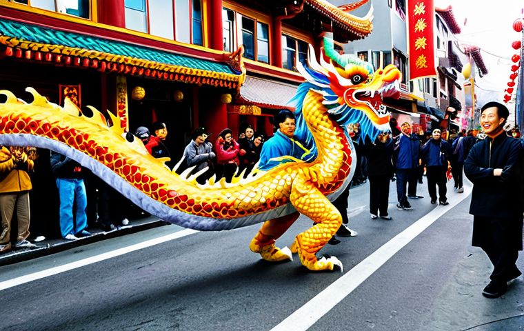 Dragon Dance Spectacle**

"A vibrant and colorful Chinese Dragon Dance procession winding through the streets of San Francisco's Chinatown during Chinese New Year. The dragon, adorned with golden scales, is held aloft by numerous performers in traditional, fully clothed attire. Spectators line the streets, joyfully watching the spectacle. Bright daylight, high energy. Safe for work, appropriate content, fully clothed, professional quality, perfect anatomy, natural proportions, modest clothing, family-friendly."

**