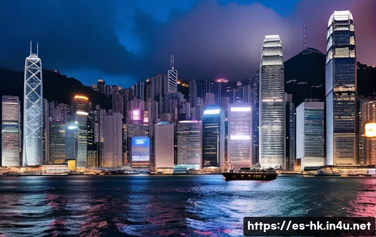 홍콩 역사 - A dynamic urban scene of Hong Kong&rsquo;s skyline at dusk, featuring towering modern skyscrapers with ill...