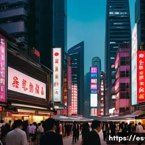 홍콩과 중국의 일국양제 정책 - A bustling Hong Kong financial district at dusk, showcasing towering skyscrapers with vibrant neon l...