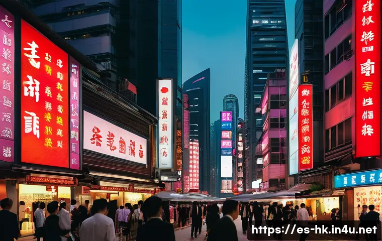 홍콩과 중국의 일국양제 정책 - A bustling Hong Kong financial district at dusk, showcasing towering skyscrapers with vibrant neon l...