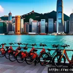 홍콩 자전거 대여 서비스 - A vibrant urban scene in Hong Kong showing a diverse group of people renting public bicycles from a ...