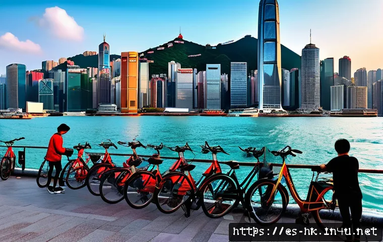 홍콩 자전거 대여 서비스 - A vibrant urban scene in Hong Kong showing a diverse group of people renting public bicycles from a ...