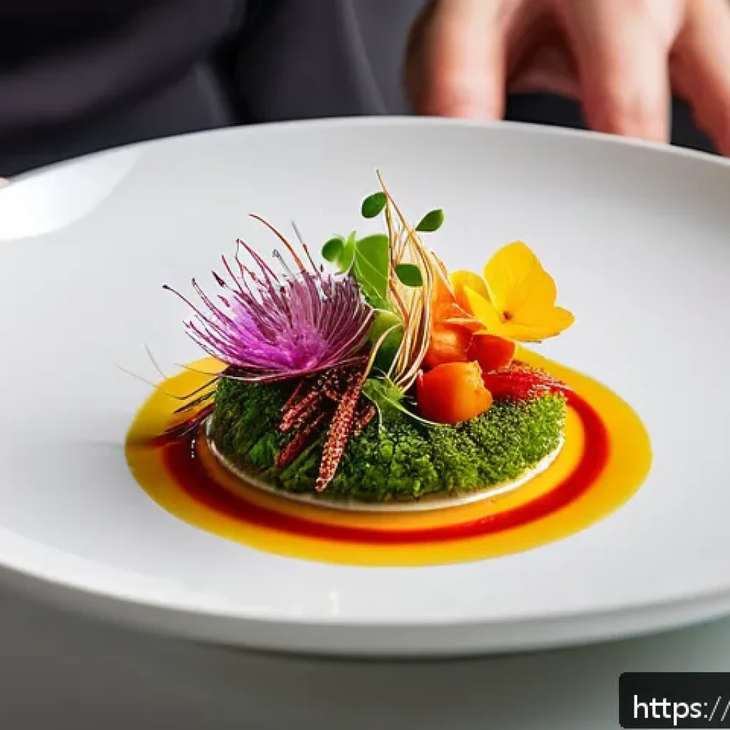 홍콩 셰프 알빈 렁의 요리 철학 - A vibrant, artistic gourmet dish inspired by Asian fusion cuisine, showcasing a colorful arrangement...
