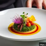 홍콩 셰프 알빈 렁의 요리 철학 - A vibrant, artistic gourmet dish inspired by Asian fusion cuisine, showcasing a colorful arrangement...
