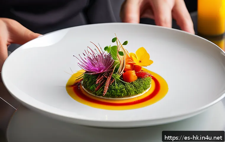 홍콩 셰프 알빈 렁의 요리 철학 - A vibrant, artistic gourmet dish inspired by Asian fusion cuisine, showcasing a colorful arrangement...