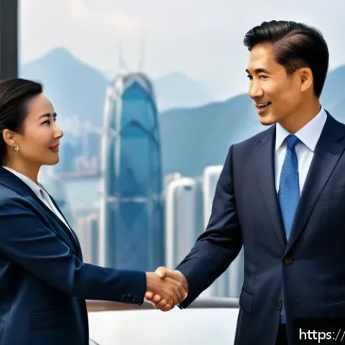 홍콩에서 문화적 실수 방지하기 - A formal business meeting scene in Hong Kong featuring two professionals exchanging a firm but brief...