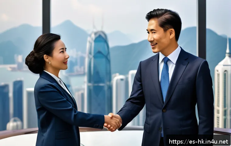홍콩에서 문화적 실수 방지하기 - A formal business meeting scene in Hong Kong featuring two professionals exchanging a firm but brief...